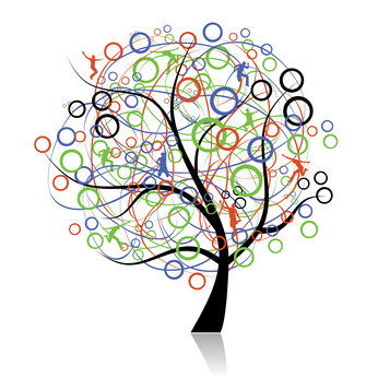 An illustration of a tree with different color circles and people in it to illustrate complexity